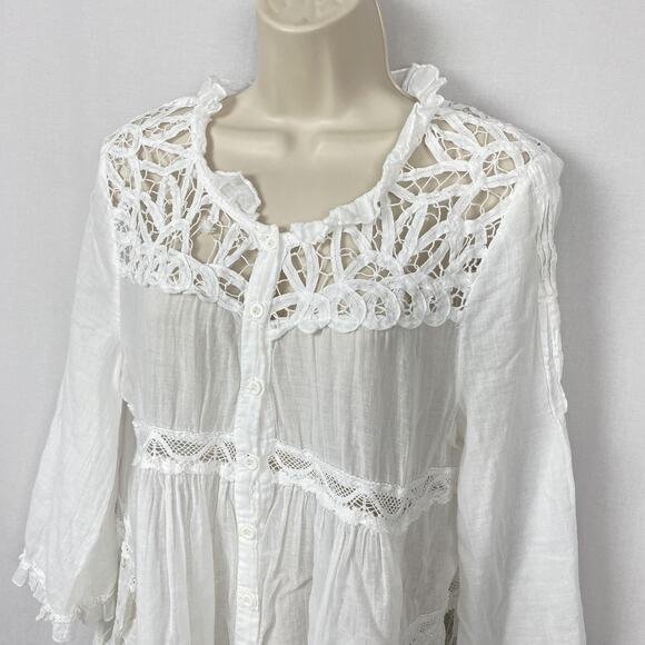 Sacred Threads Tunic Babydoll Top Womens Large White Lace Crochet Boho Sheer - Picture 2 of 10